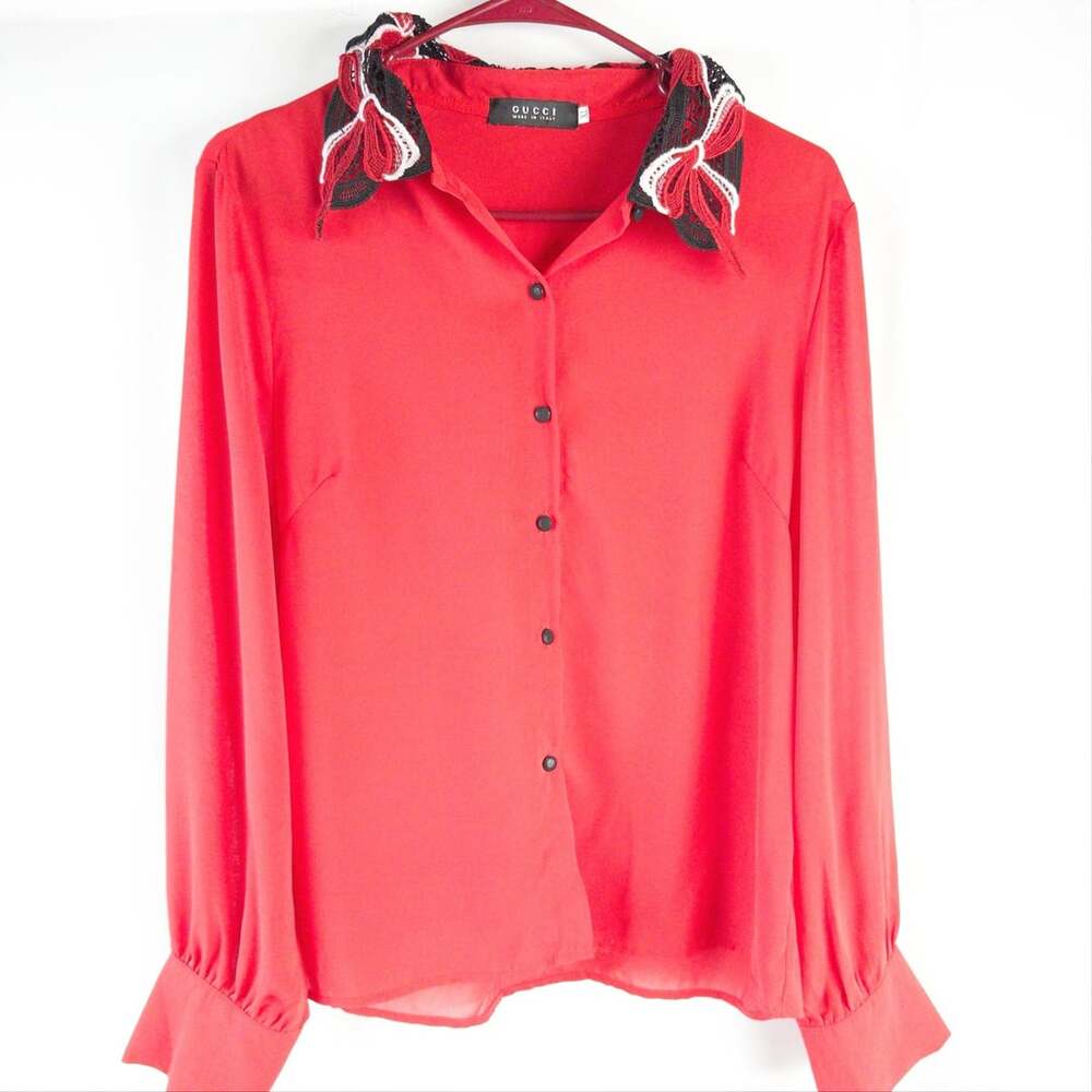 Gucci Blouse Size XL Red Embroidered Collar Silk Long Sleeve